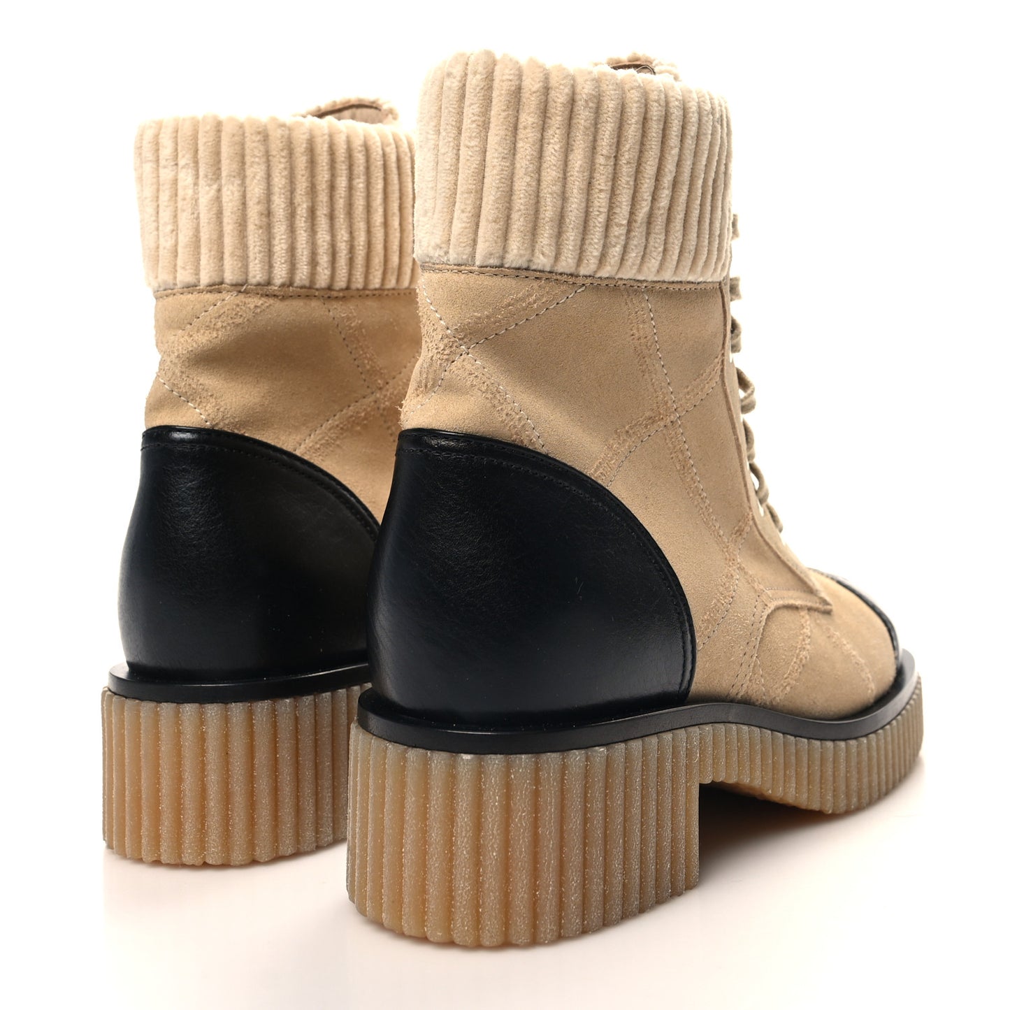 Suede Calfskin Velvet Quilted CC Combat Boots 35.5 Beige Black
