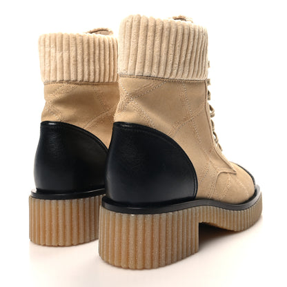 Chanel Suede Calfskin Velvet Quilted CC Combat Boots 35.5 Beige Black 4 of 8