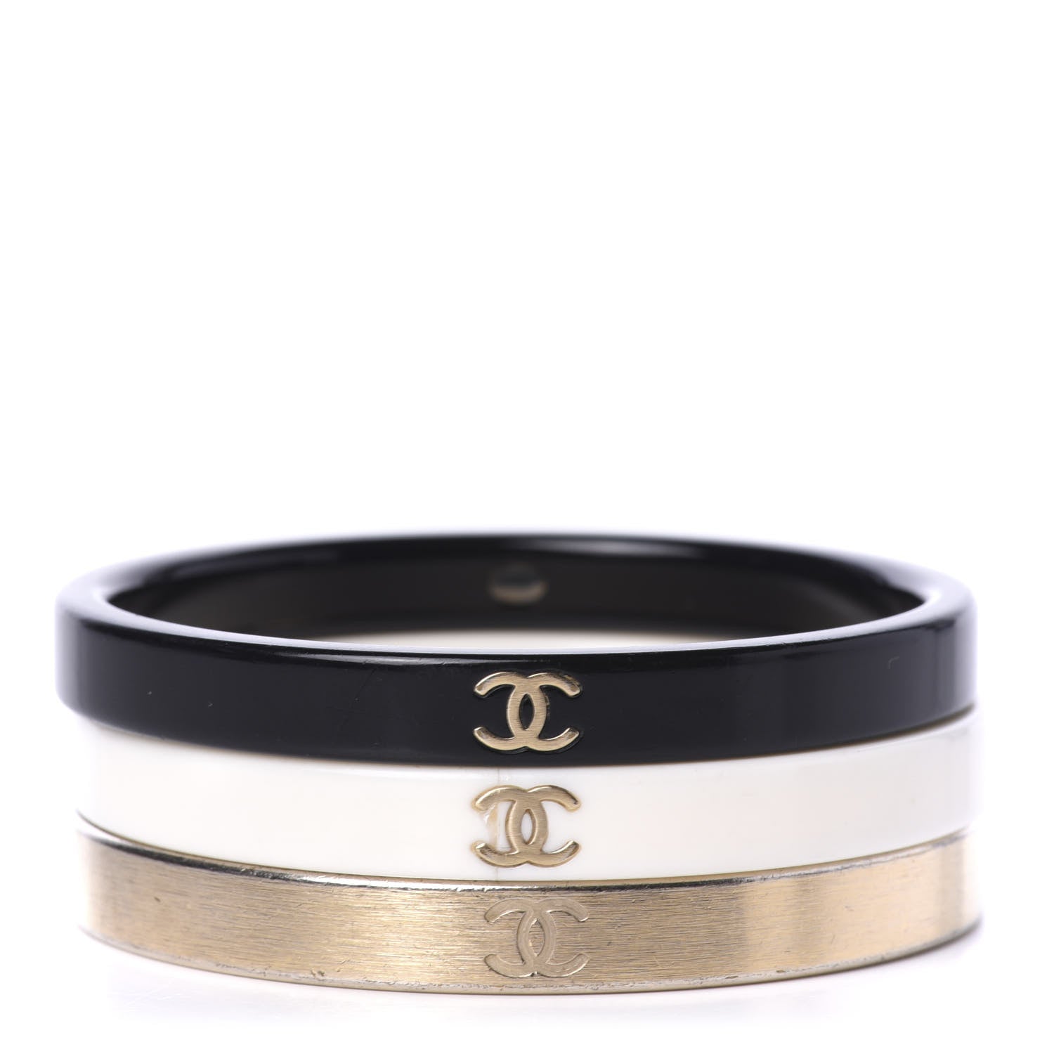 Chanel Resin Metal CC Bangle Set of 3 Black White Gold 1 of 4