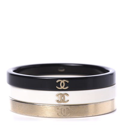 Chanel Resin Metal CC Bangle Set of 3 Black White Gold 1 of 4