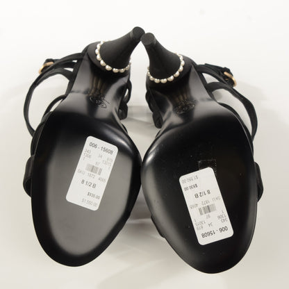 Chanel Satin Pearl Crystal Sandals 38.5 Black 5 of 7