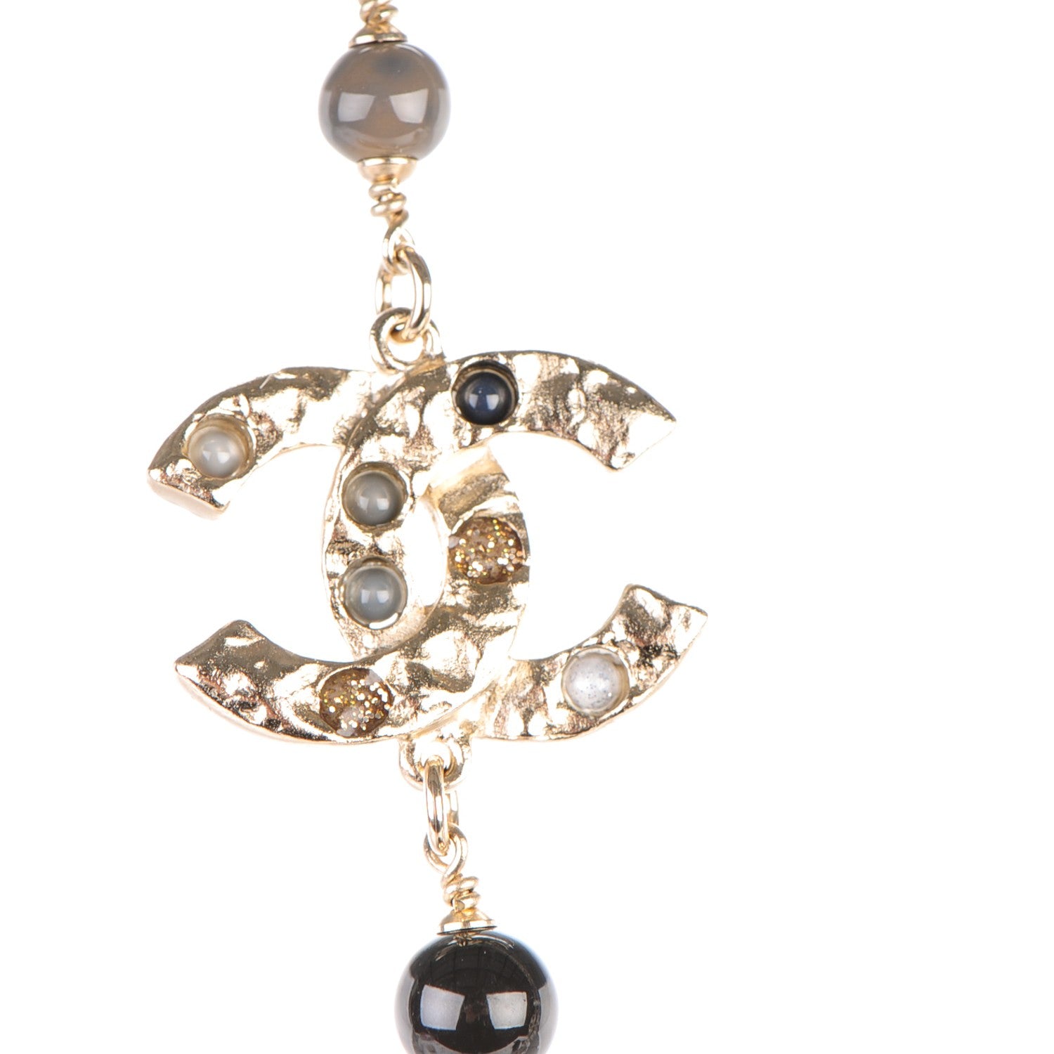 Chanel Pearl Crystal Bead CC Long Necklace Gold Grey Multicolor 5 of 7