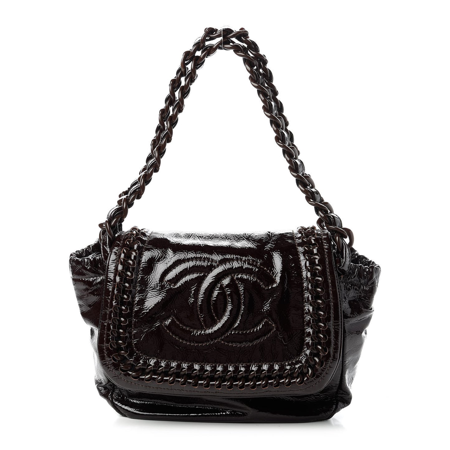 Crinkled Patent Modern Chain Flap Dark Brown