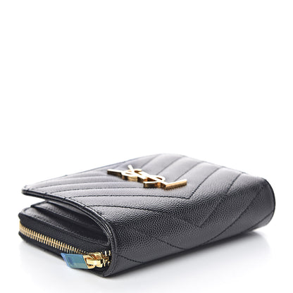 Saint Laurent Grain De Poudre Matelasse Chevron Monogram Compact Zip Around Wallet Black 4 of 9