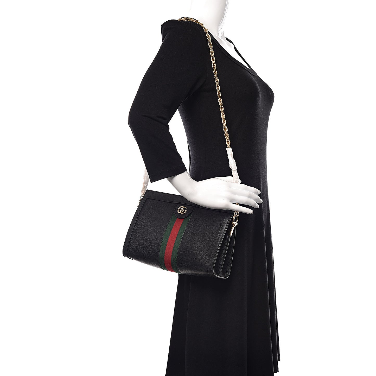 Textured Calfskin Web Medium Ophidia Chain Shoulder Bag Black