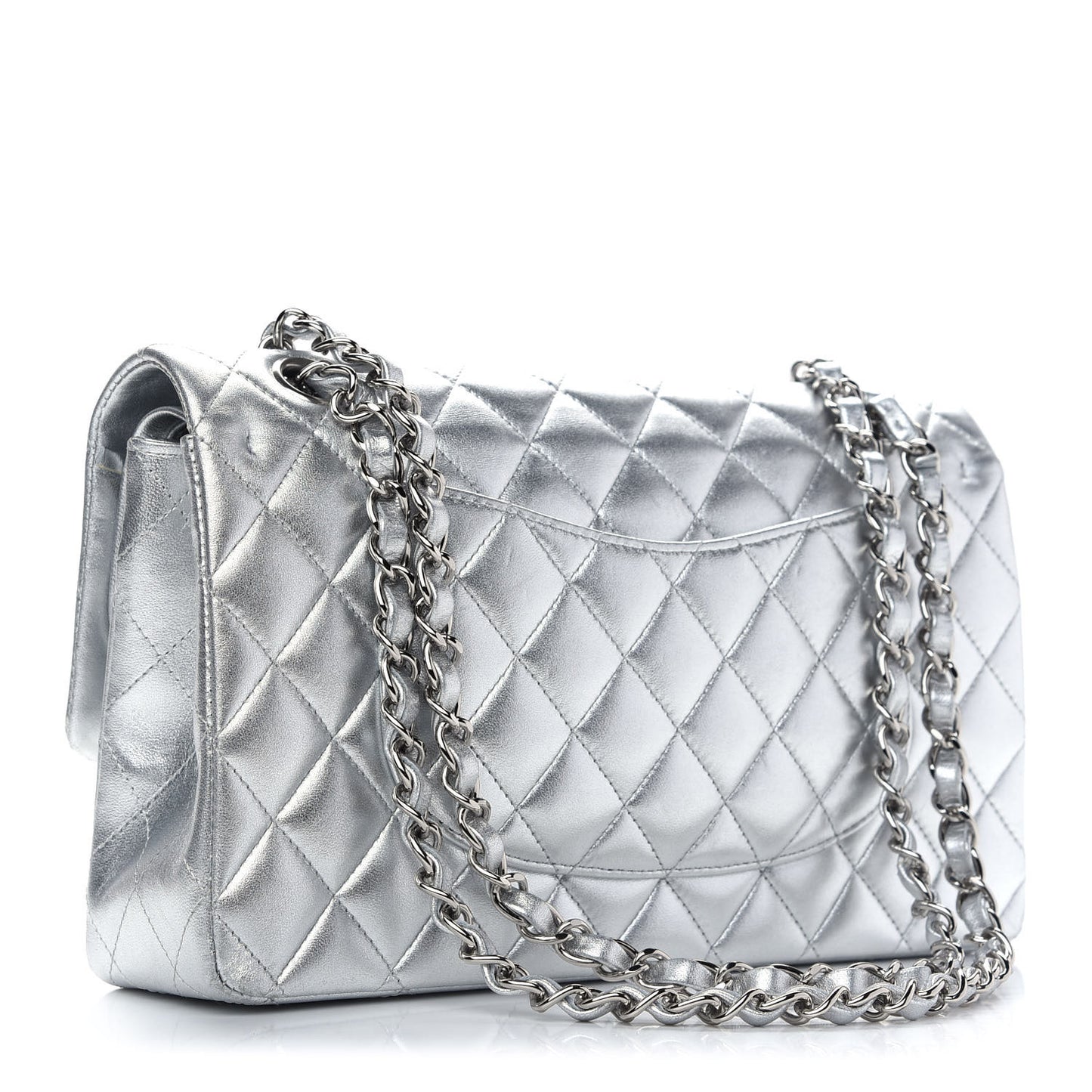 Metallic Lambskin Quilted Medium Double Flap Silver