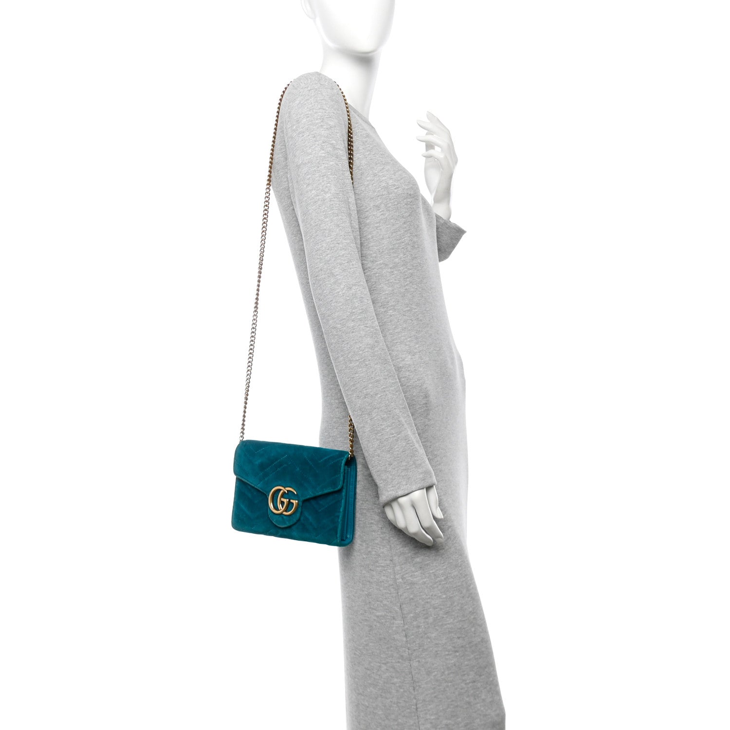 Gucci Velvet Matelasse GG Marmont Chain Wallet Pavone Cyan 2 of 15