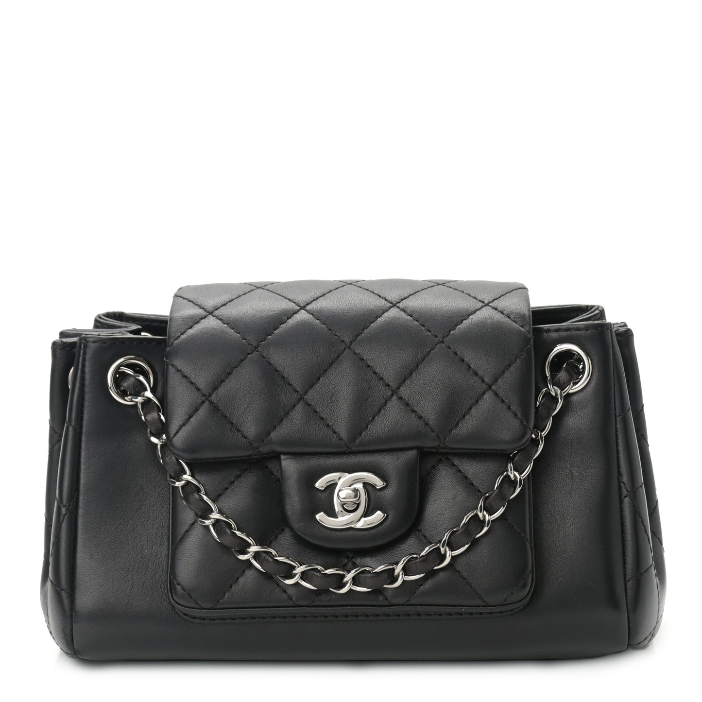 Lambskin Quilted CC Small Accordion Shopping Bag Black
