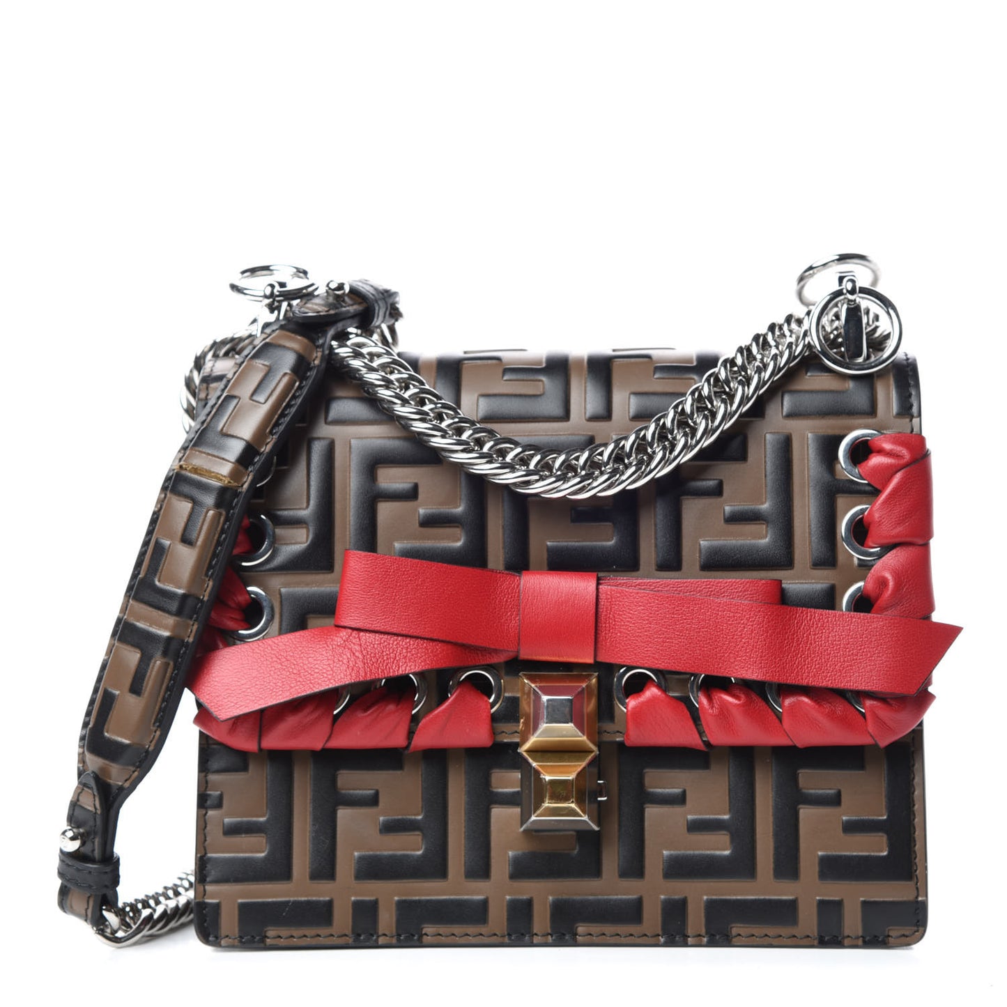 Vitello Shiny Nappa Bi-Color FF 1974 Lace Up Bow Embossed Small Kan I Shoulder Bag Maya Black Fragola
