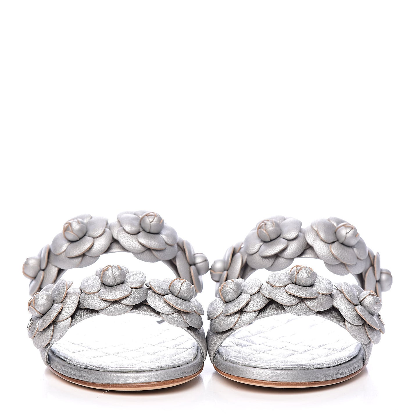 Metallic Lambskin Camellia Slide Sandals 35 Silver