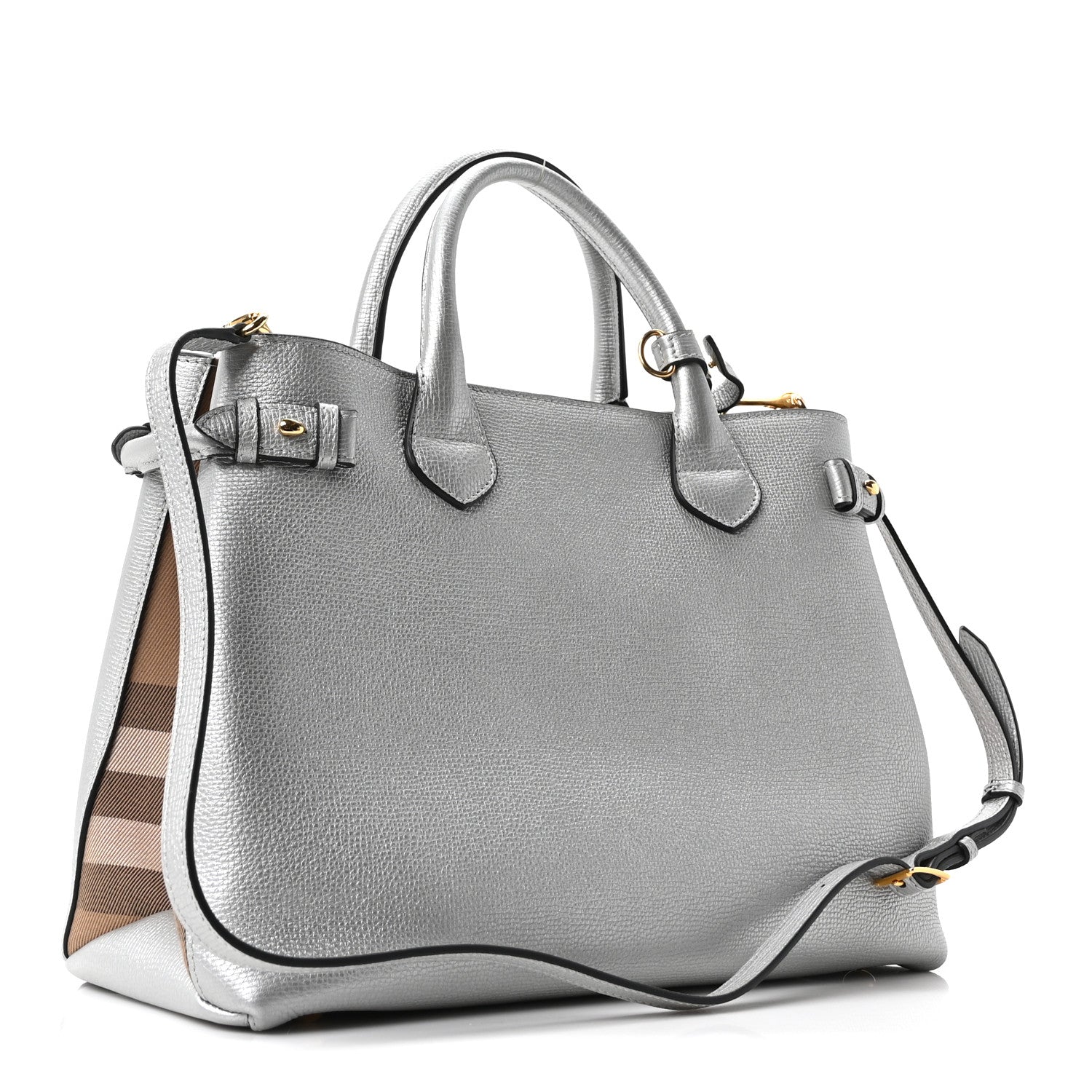 Burberry Metallic Grainy Calfskin House Check Medium Banner Tote Silver 5 of 17