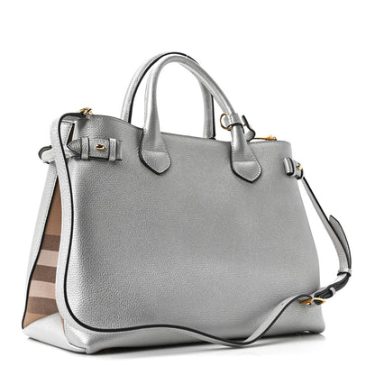 Burberry Metallic Grainy Calfskin House Check Medium Banner Tote Silver 5 of 17