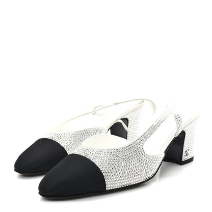 Chanel Strass Grosgrain Cap Toe CC Slingback Pumps 36 Silver Black 4 of 10