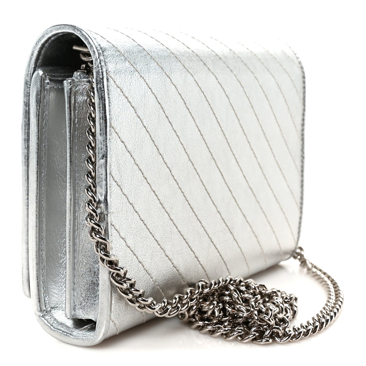 Metallic Sakai Be Green Calfskin Diagonal Stitched Blondie Wallet on Chain Silver