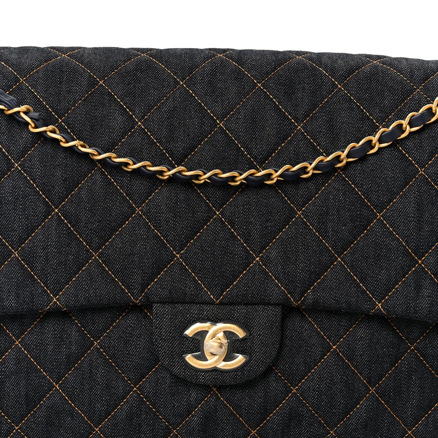 Denim Quilted XXL Travel Flap Bag Dark Blue Orange