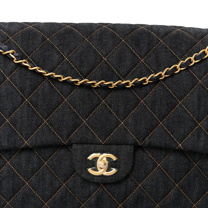 Chanel Denim Quilted XXL Travel Flap Bag Dark Blue Orange 9 of 12