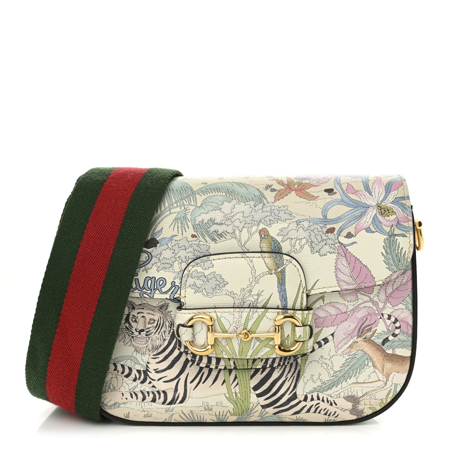 New Shangai Calfskin Tiger Savanah Web Mini Horsebit 1955 Shoulder Bag Chalky White Multicolor