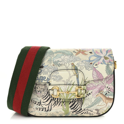 Gucci New Shangai Calfskin Tiger Savanah Web Mini Horsebit 1955 Shoulder Bag Chalky White Multicolor 1 of 11