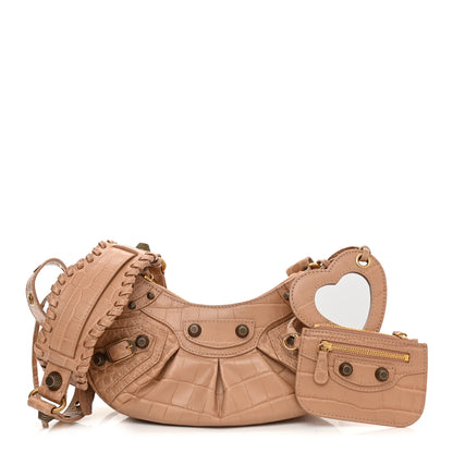 Balenciaga Extra Supple Calfskin Crocodile Embossed Le Cagole Shoulder Bag XS Nude Beige 1 of 8