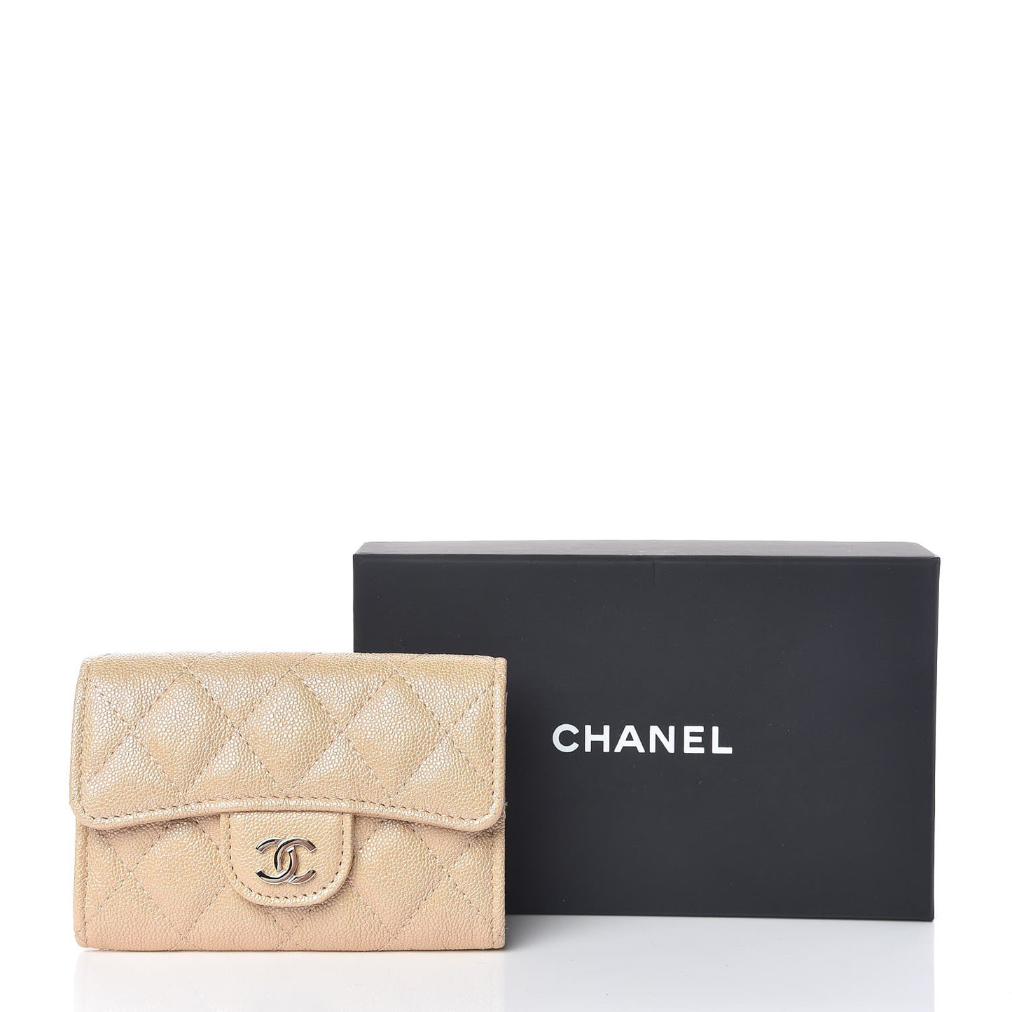 Iridescent Caviar Quilted Flap Card Holder Beige