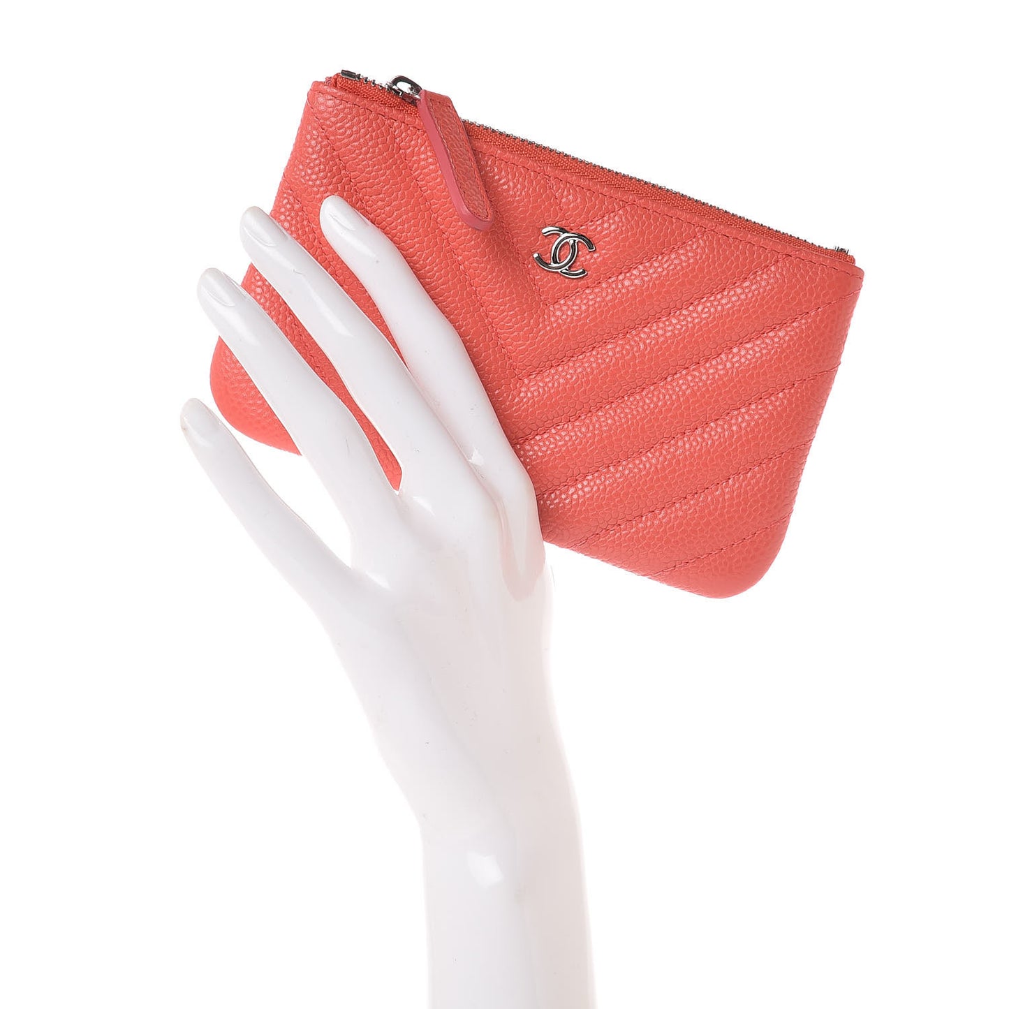 Caviar Chevron Quilted Small Cosmetic Case Coral