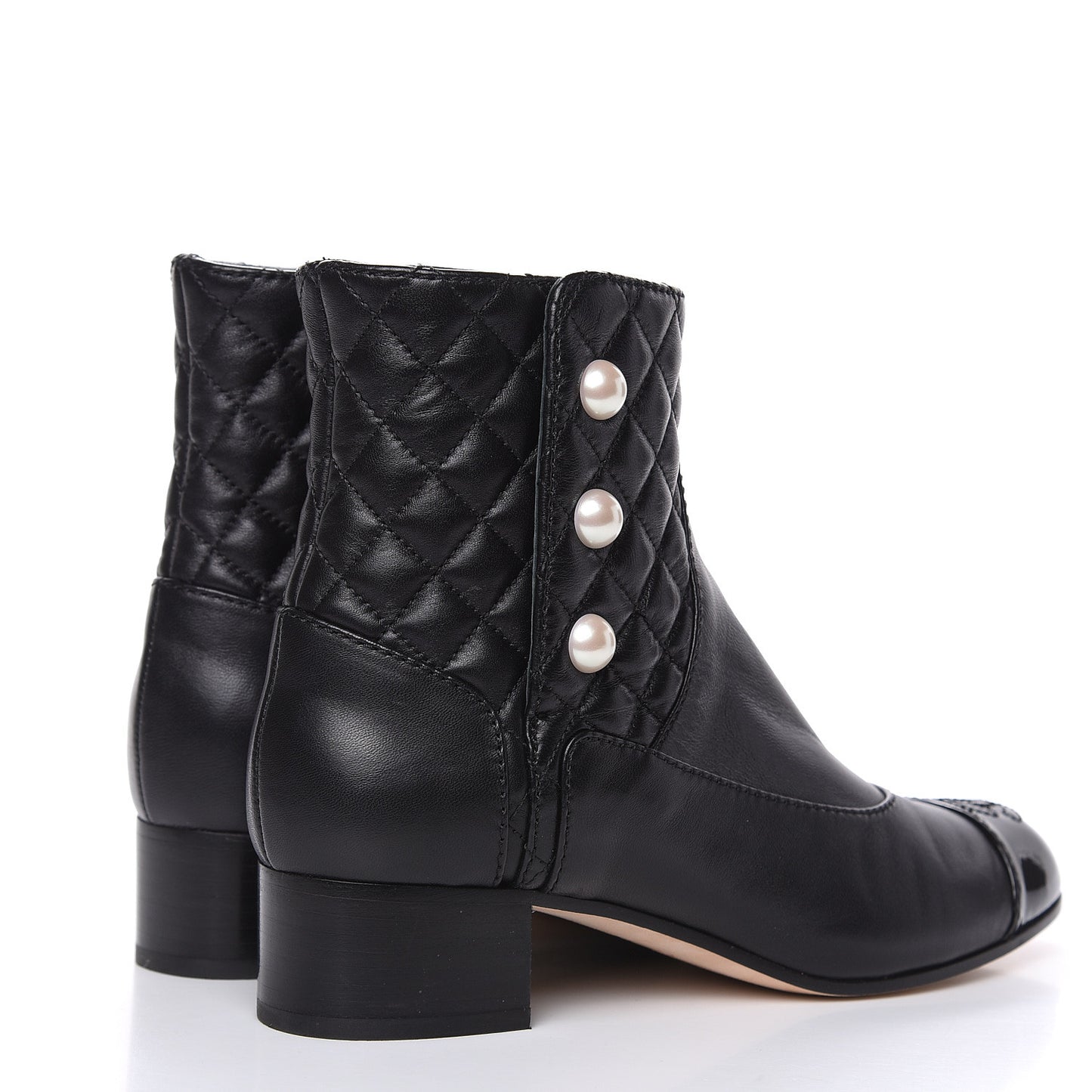 Lambskin Patent Calfskin Quilted Pearl Cap Toe Boots 36.5 Black