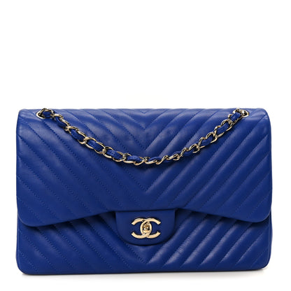 Chanel Lambskin Chevron Quilted Jumbo Double Flap Navy Blue 1 of 11