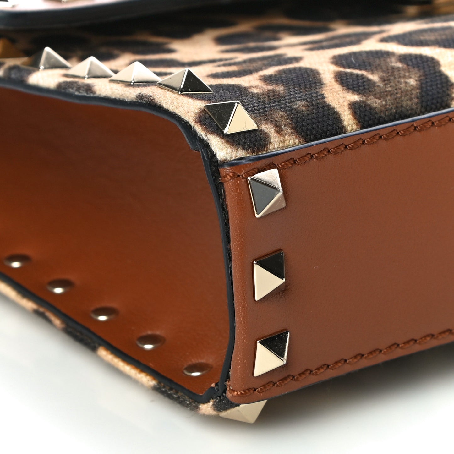 Calfskin Canvas Leopard Print Medium Rockstud Flip Lock Crossbody Bag Tan