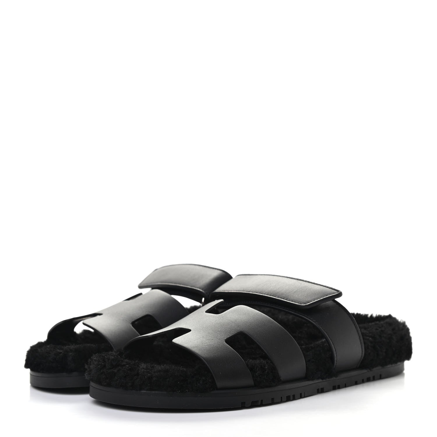 Hermes Calfskin Woolskin Womens Chypre Sandals 39 Black 3 of 8