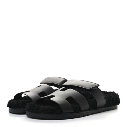 Hermes Calfskin Woolskin Womens Chypre Sandals 39 Black 3 of 8