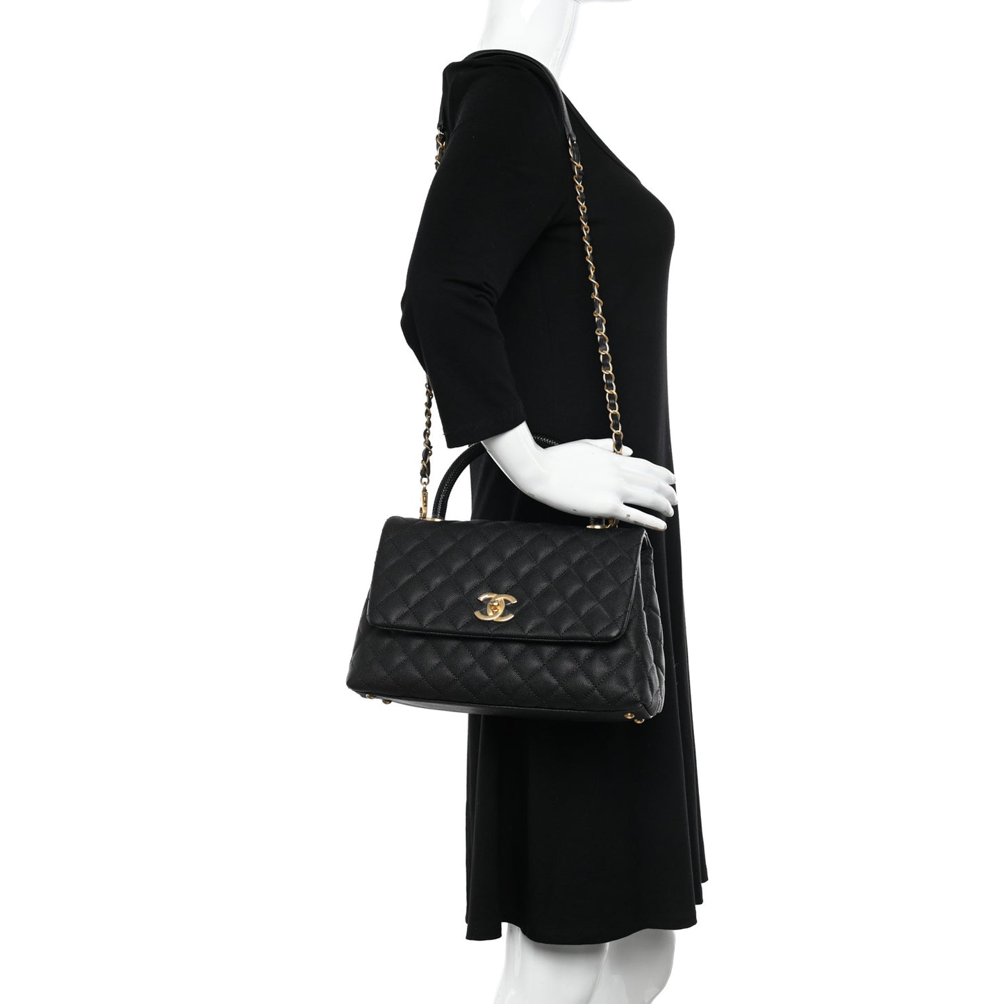 Caviar Lizard Embossed Quilted Small Coco Handle Flap Black