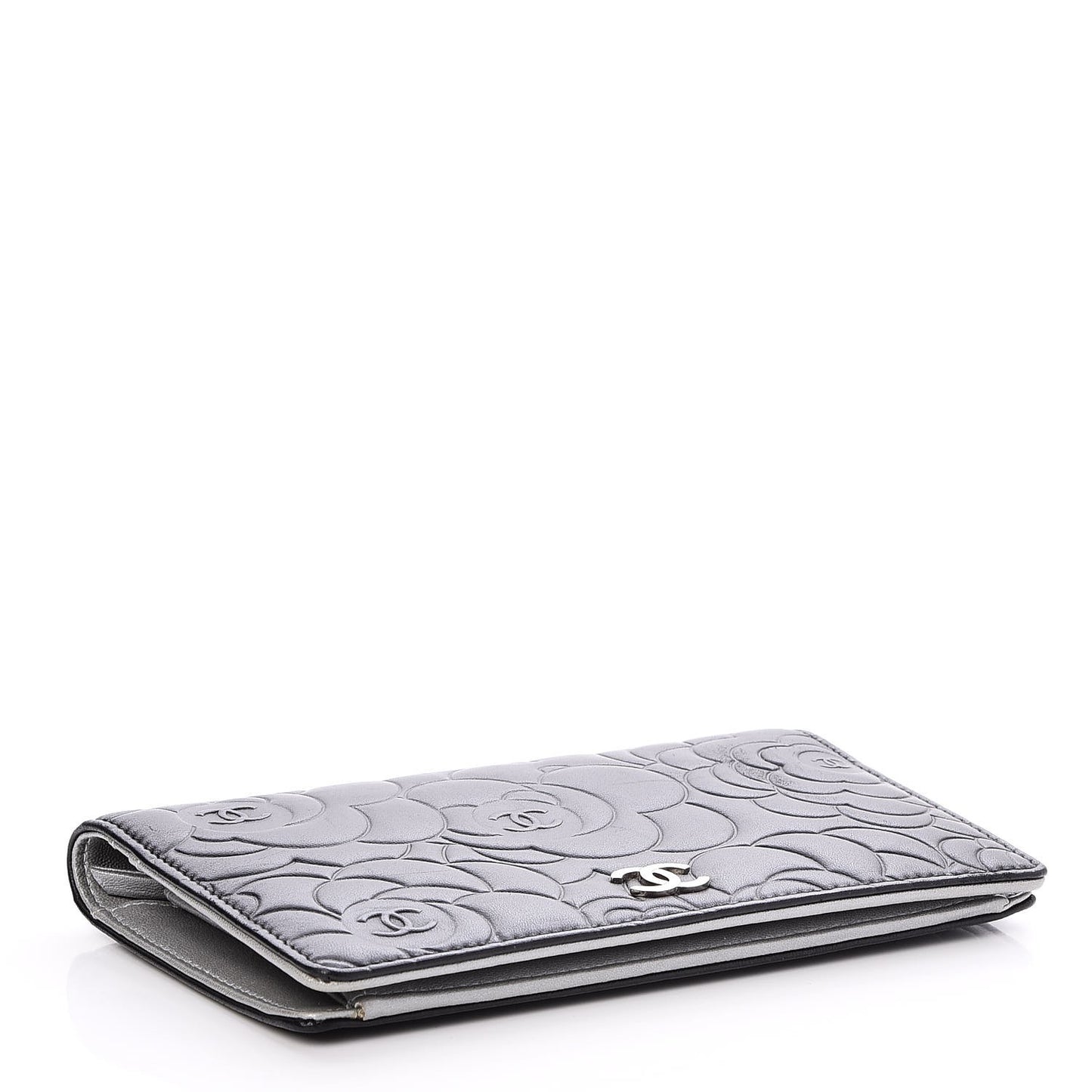 Lambskin Camellia Embossed Yen Wallet Black