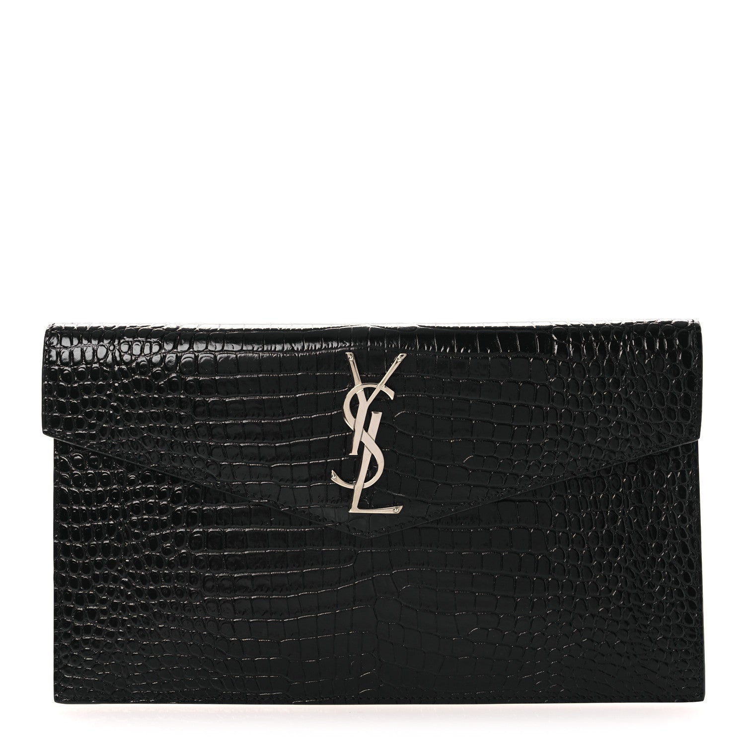 Saint Laurent Calfskin Crocodile Embossed Uptown Monogram Pouch Black 1 of 7