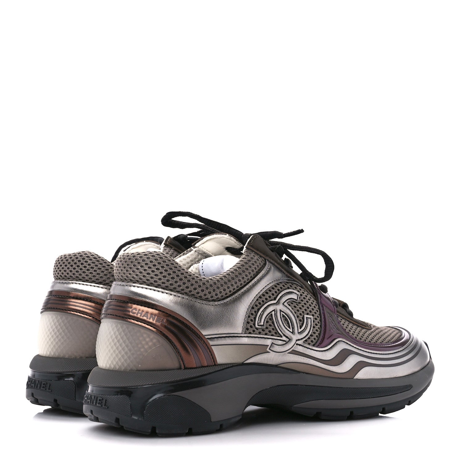 Chanel Fabric Laminated Calfskin Stretch CC Womens Sneakers 38.5 Khaki Silver Dark Purple 4 of 9