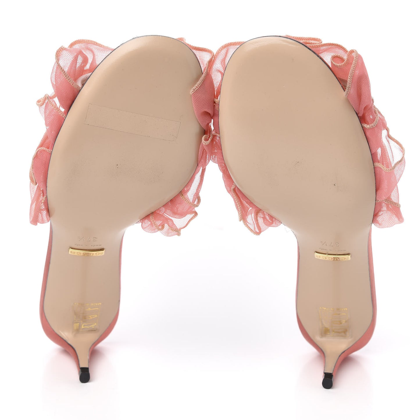 Tulle Ruffle Low Heel Slide Sandals 37 Peach White