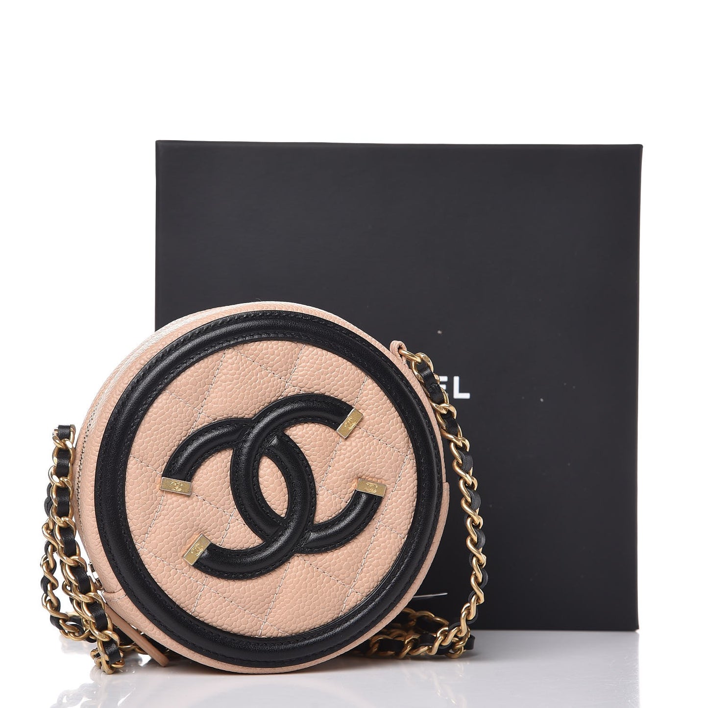 Caviar Quilted Round Filigree Crossbody Beige Black