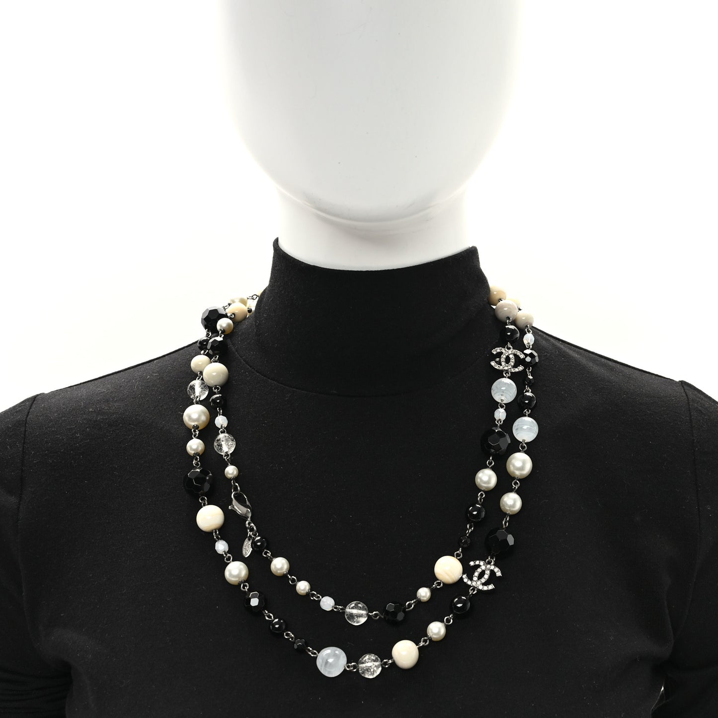 Pearl Crystal Bead CC Long Necklace Black Silver