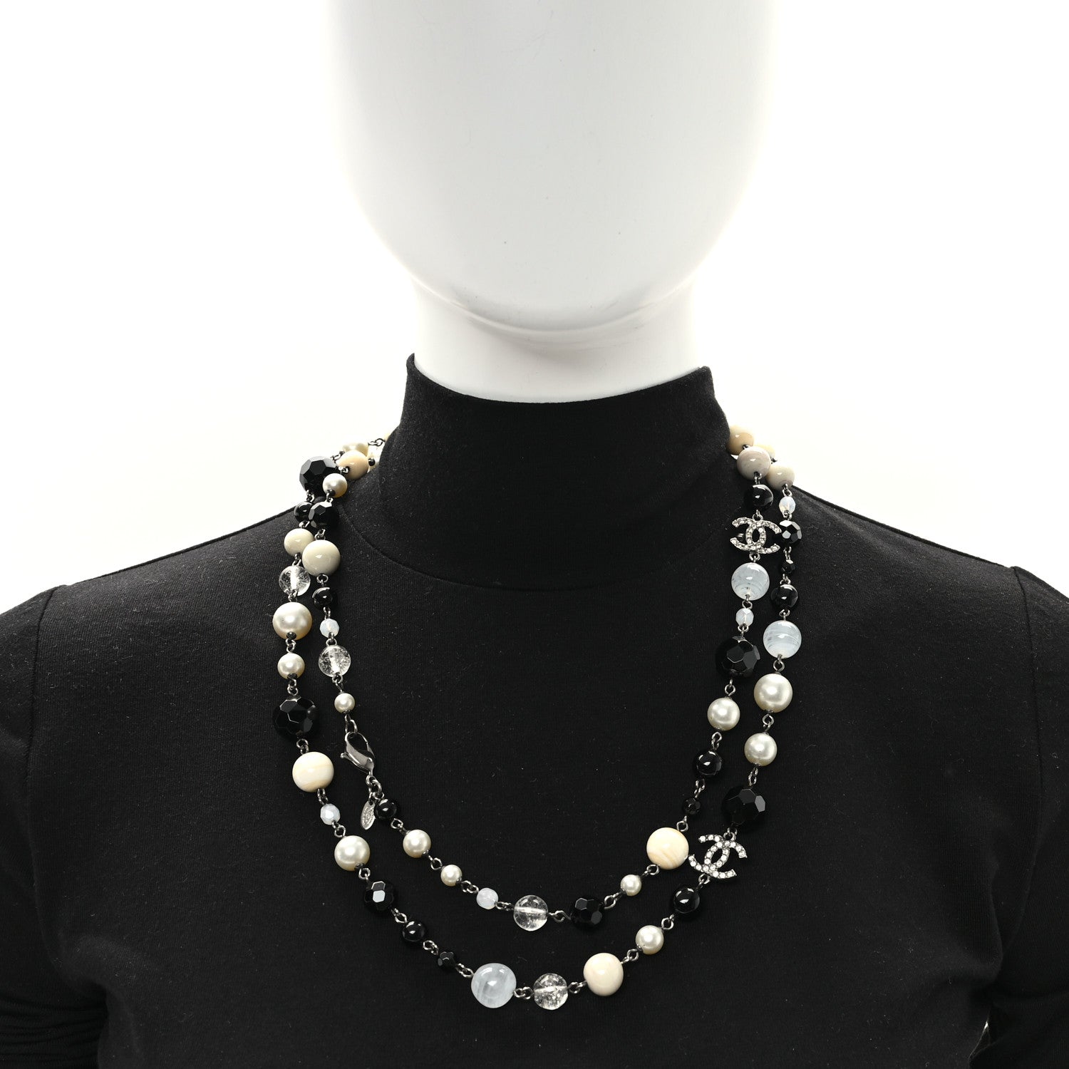Chanel Pearl Crystal Bead CC Long Necklace Black Silver 2 of 4