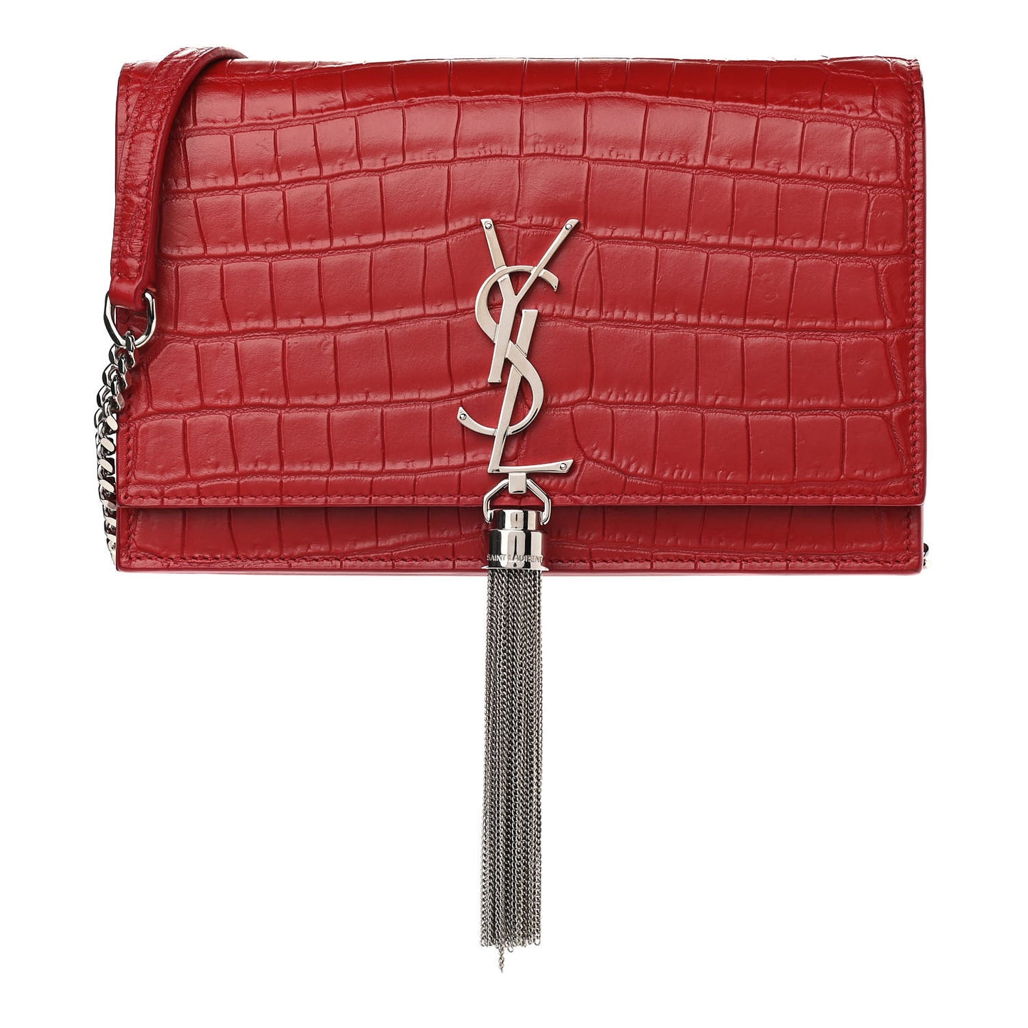 Calfskin Crocodile Embossed Kate Monogram Tassel Chain Wallet Red