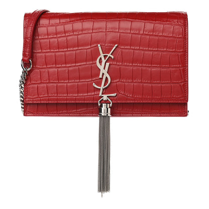 Saint Laurent Calfskin Crocodile Embossed Kate Monogram Tassel Chain Wallet Red 1 of 11