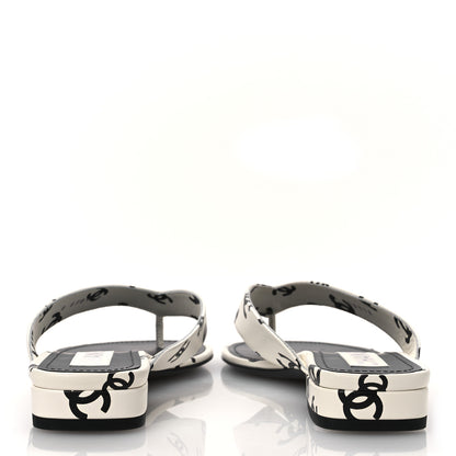 Chanel Lambskin Printed CC Thong Sandals 37 White Black 6 of 11