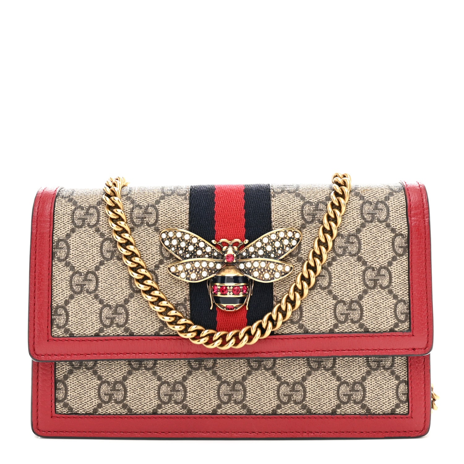 Gucci GG Supreme Monogram Web Queen Margaret Chain Wallet Red 1 of 9