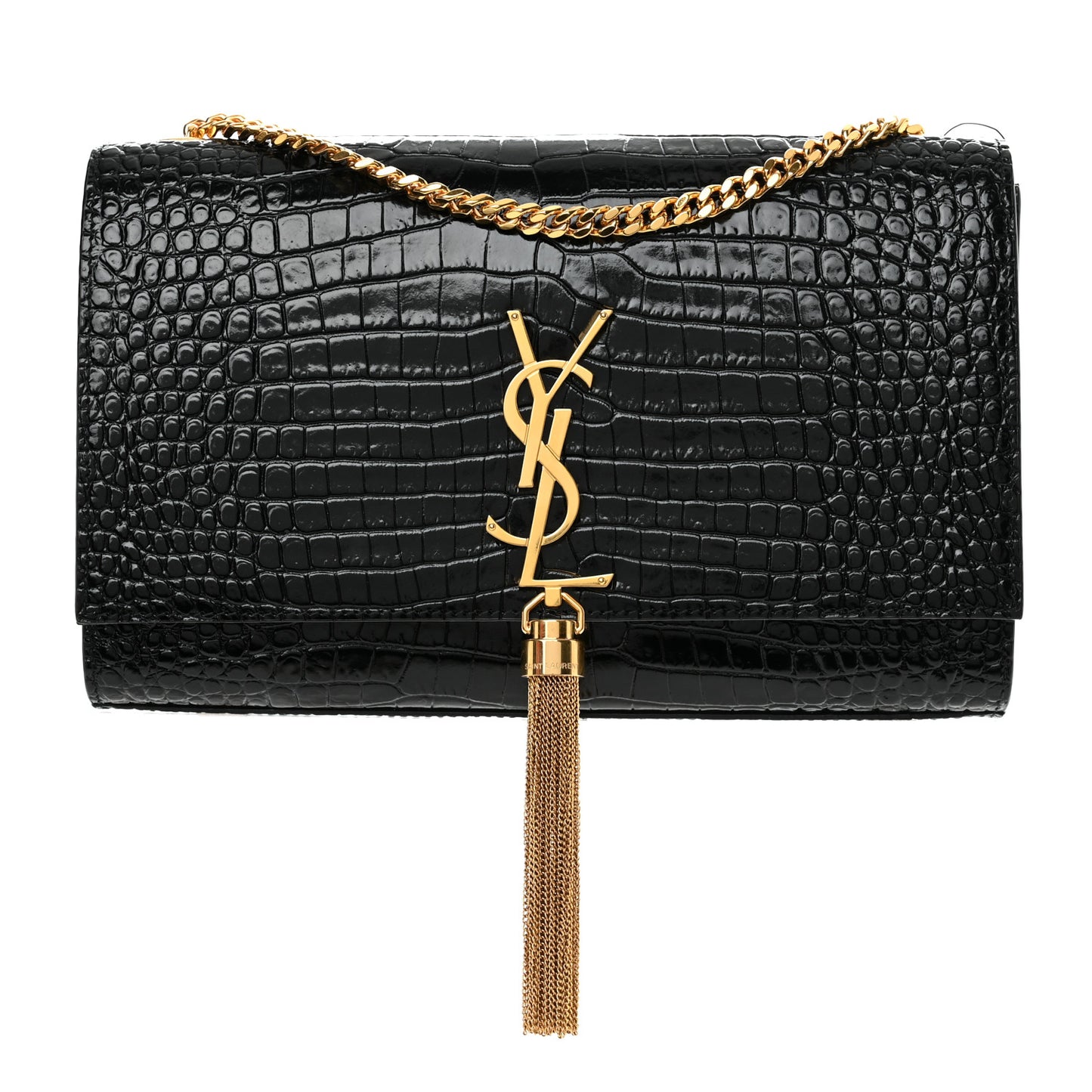 Calfskin Crocodile Embossed Medium Classic Monogram Kate Tassel Satchel Black