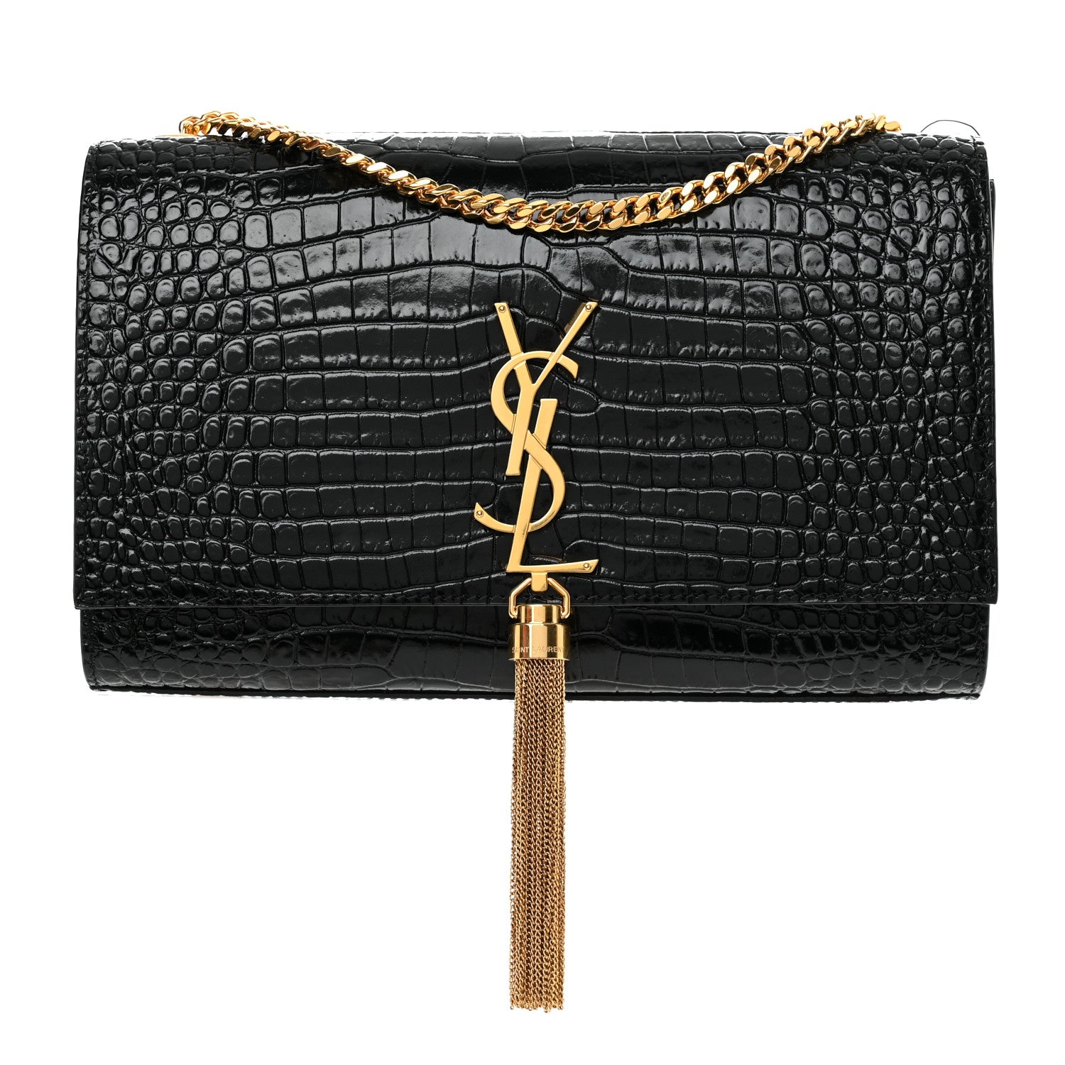 Saint Laurent Calfskin Crocodile Embossed Medium Classic Monogram Kate Tassel Satchel Black 1 of 10
