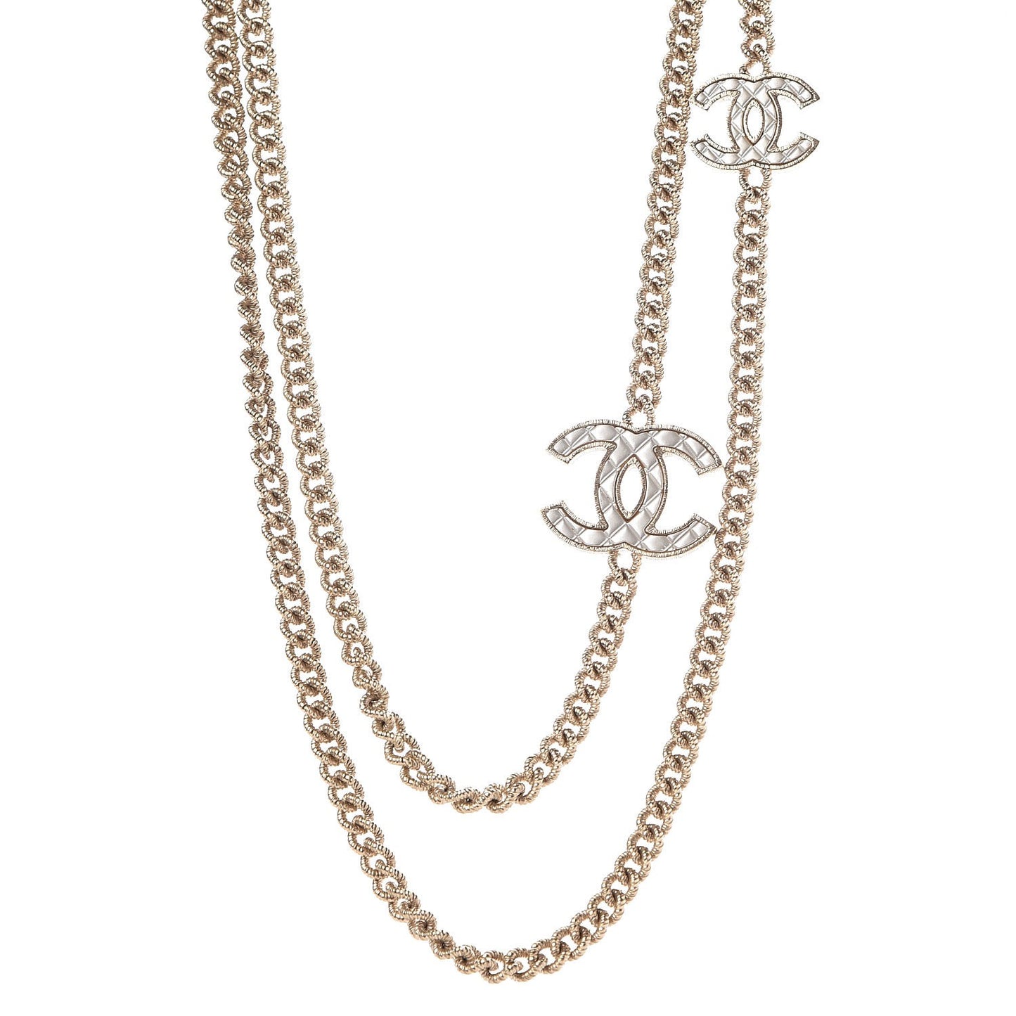 Quilted CC Long Chain Necklace Gold Pearly White
