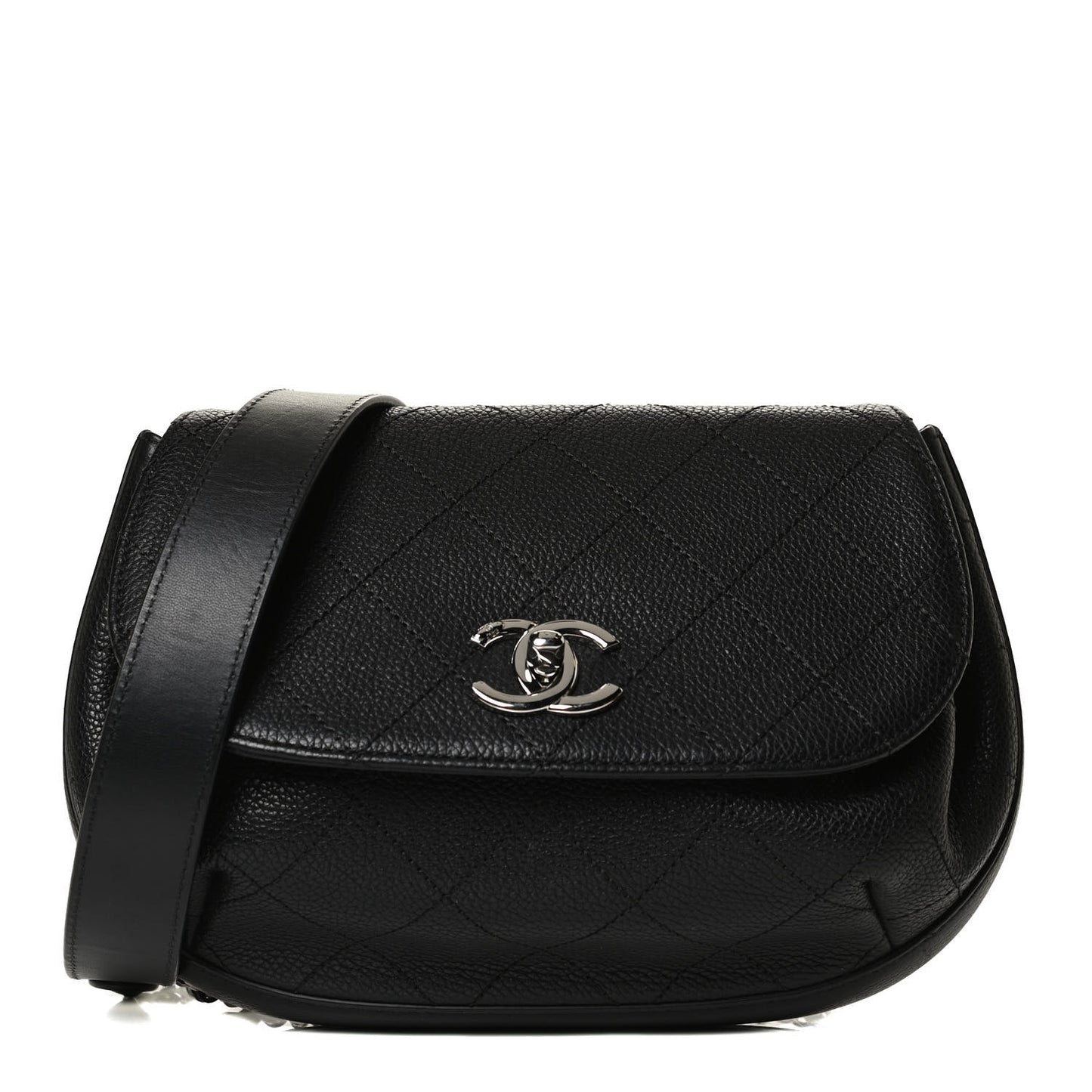 Grained Calfskin Stitched Messenger Flap Bag Black