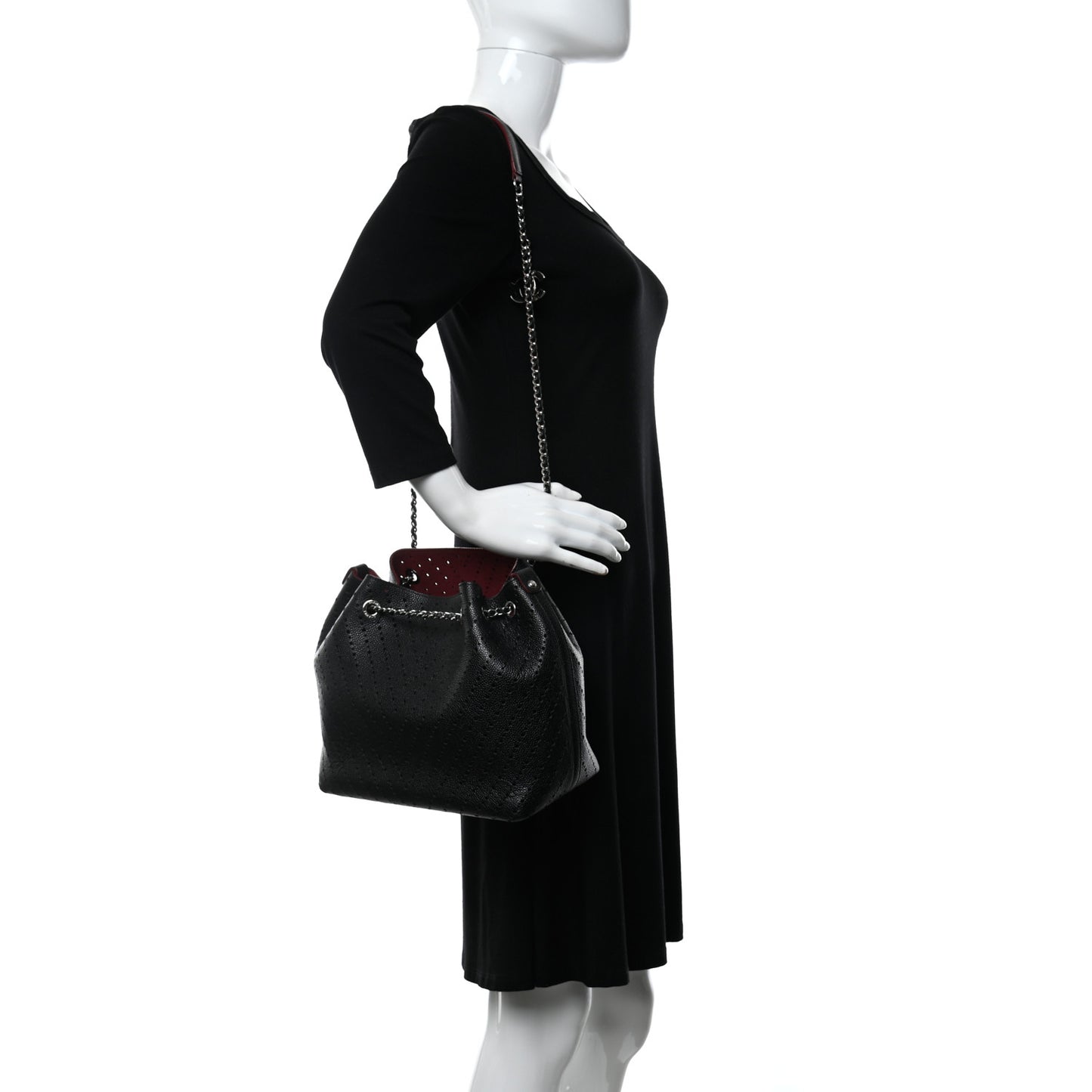 Caviar Perforated Drawstring CC Bag Black Burgundy