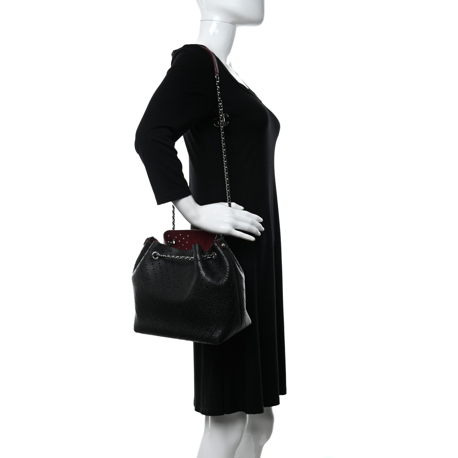 Chanel Caviar Perforated Drawstring CC Bag Black Burgundy 2 of 11