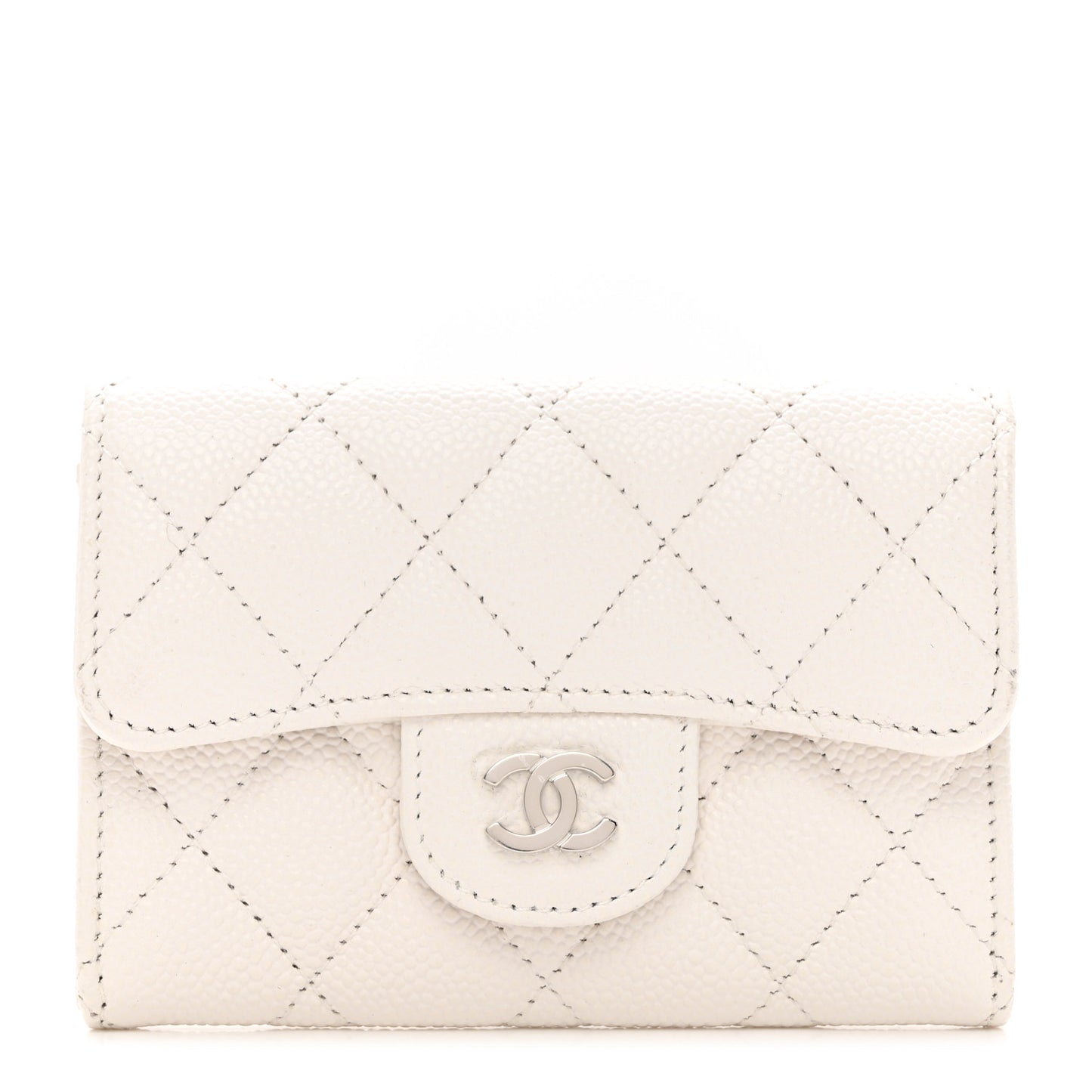 Caviar Quilted Flap Card Holder Wallet White