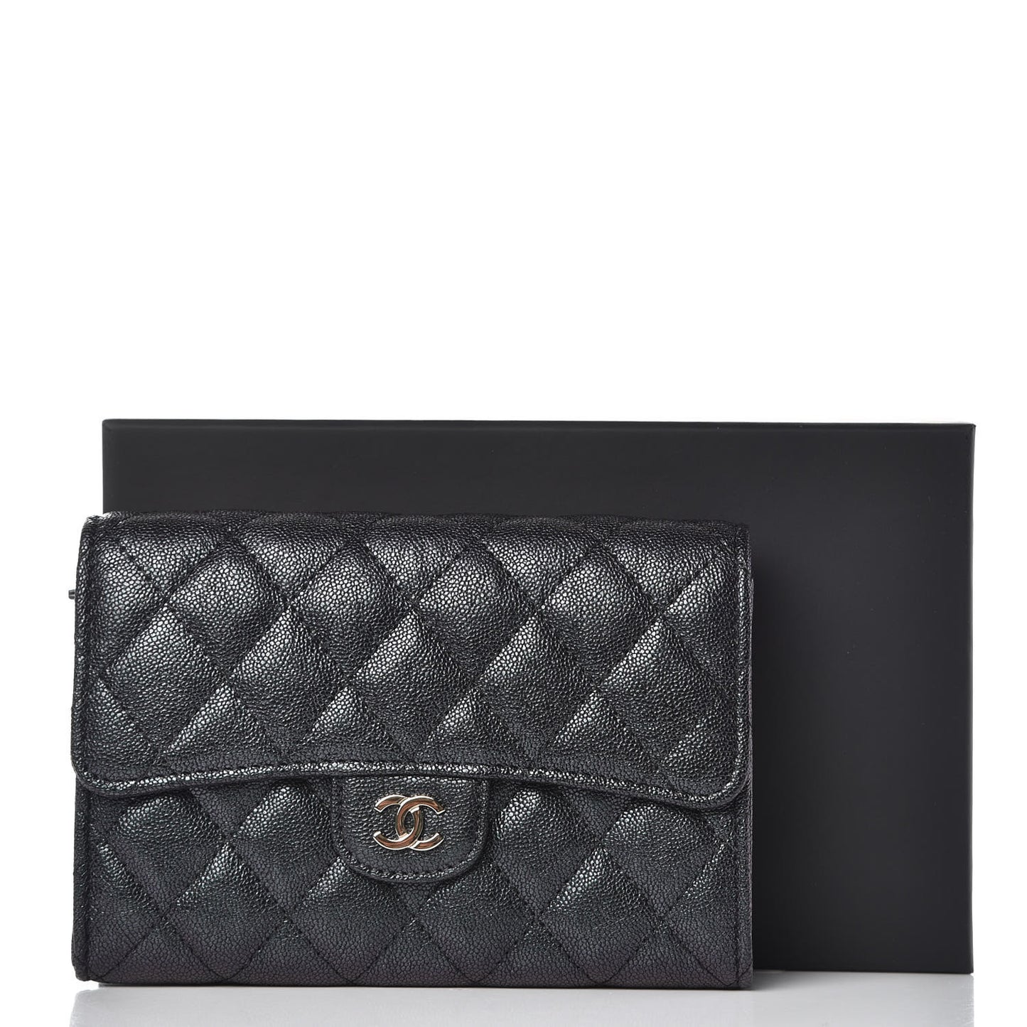 Iridescent Caviar Quilted Medium Flap Wallet Black